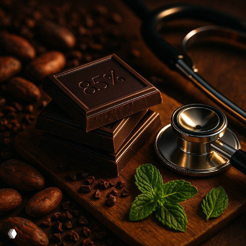 Кусочки тёмного шоколада с пометкой 85% на деревянной доске рядом с кофейными зёрнами, листьями мяты и стетоскопом — символ питания и медицины для ЖКТ.
