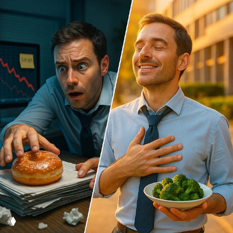 Коллаж: слева нервный мужчина в офисе тянется к пончику, справа расслабленный мужчина держит тарелку с брокколи на прогулке.