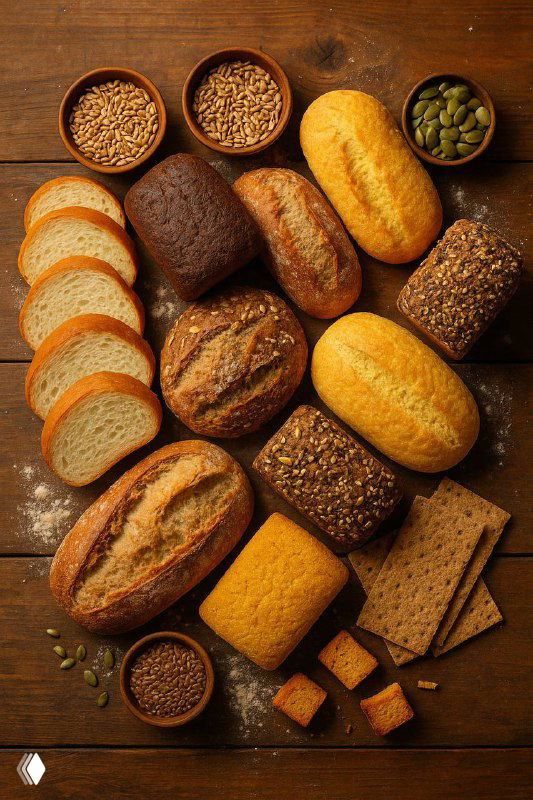 На деревянной доске разложены различные сорта хлеба и хлебцы: белый, ржаной, цельнозерновой, безглютеновый, с семенами