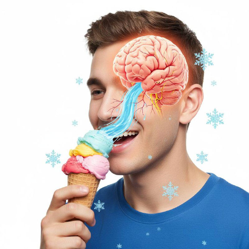 Мужчина ест мороженое; поверх лица схематично наложено изображение мозга и холодный поток, иллюстрация феномена «brain freeze» при приёме холодной пищи
