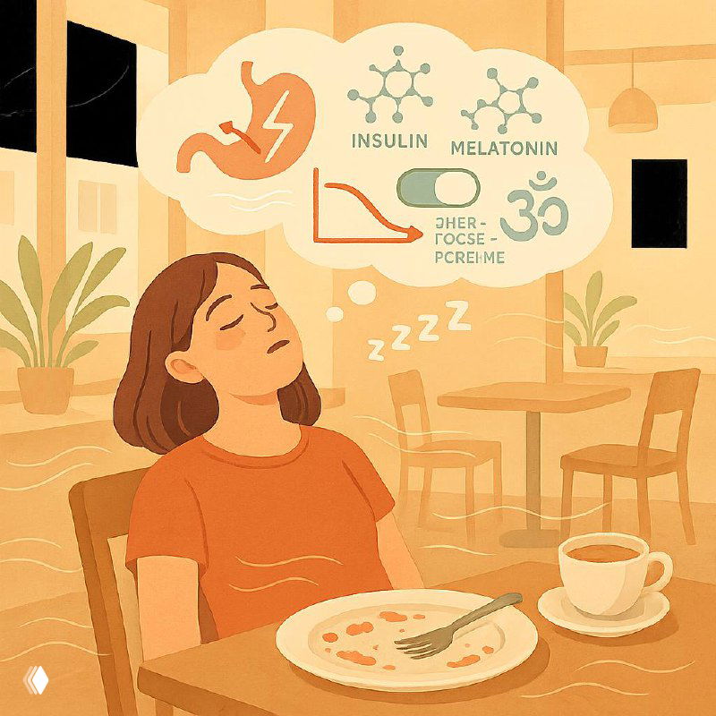 Иллюстрация: человек за столом после плотного обеда выглядит сонным, в облаке мыслей схемы инсулин — мелатонин и символы пищеварения