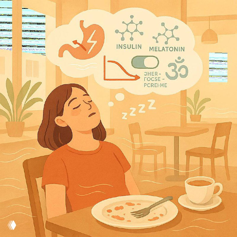 Иллюстрация: женщина за столом после еды засыпает; в облаке показаны желудок, инсулин, мелатонин и графики.