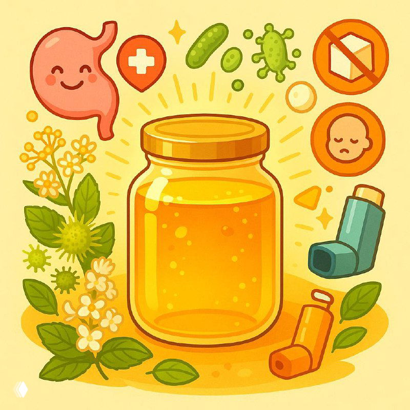 Иллюстрация: банка мёда в окружении трав, значков желудка и микробов, ингалятора — символ пользы и возможных противопоказаний при заболеваниях.