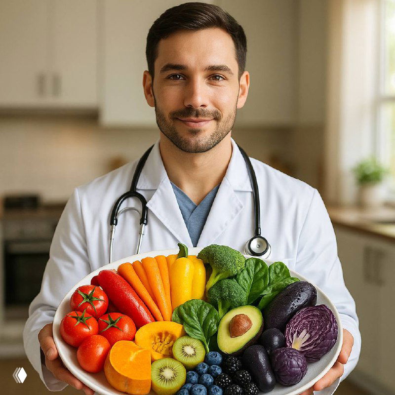 Врач в белом халате держит тарелку с разноцветными овощами и фруктами: томаты, морковь, брокколи, авокадо, фиолетовая капуста как иллюстрация правила «радуги».