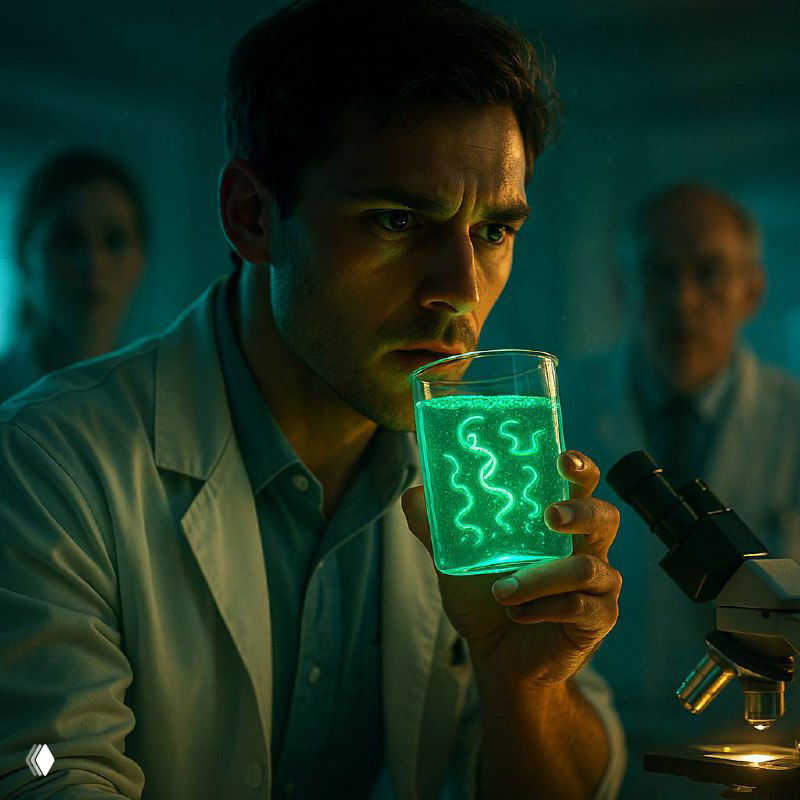 Мужчина в лабораторном халате смотрит на стакан со светящимся зелёным раствором со спиралями и будто пьёт его.