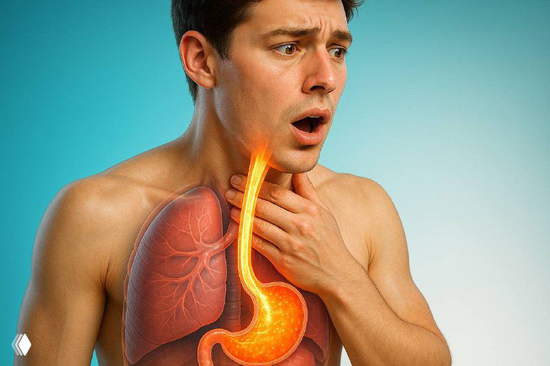 Иллюстрация: мужчина держится за горло, подсвечены пищевод и желудок — визуализация рефлюкса, кашля и охриплости при ГЭРБ.