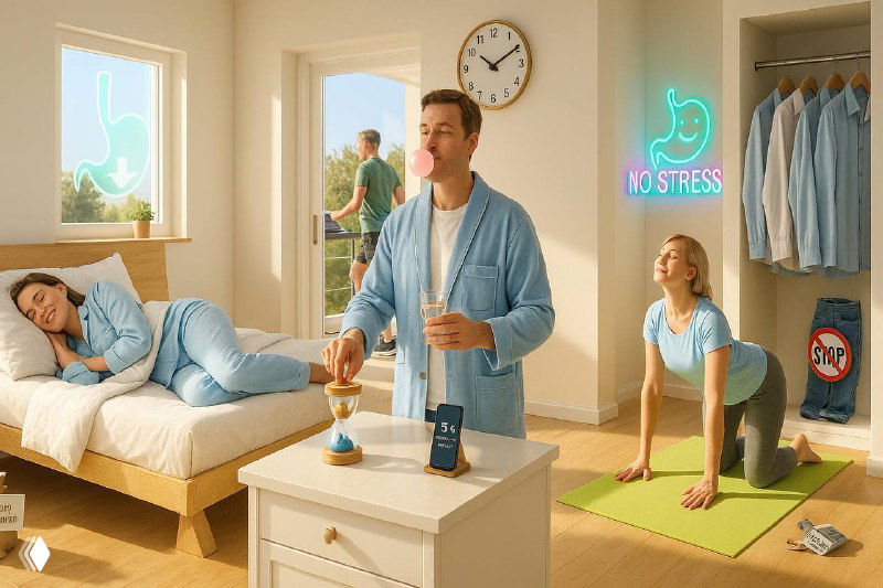 Сцена в квартире: мужчина с напитком у тумбочки, женщина спит на кровати, ещё одна делает упражнения — иллюстрация советов по рефлюксу.