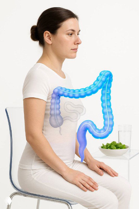 Женщина сидит в профиль; на теле наложена медицинская схема толстого кишечника с выделенной синим сигмовидной кишкой, иллюстрация долихосигмы и локализации боли.