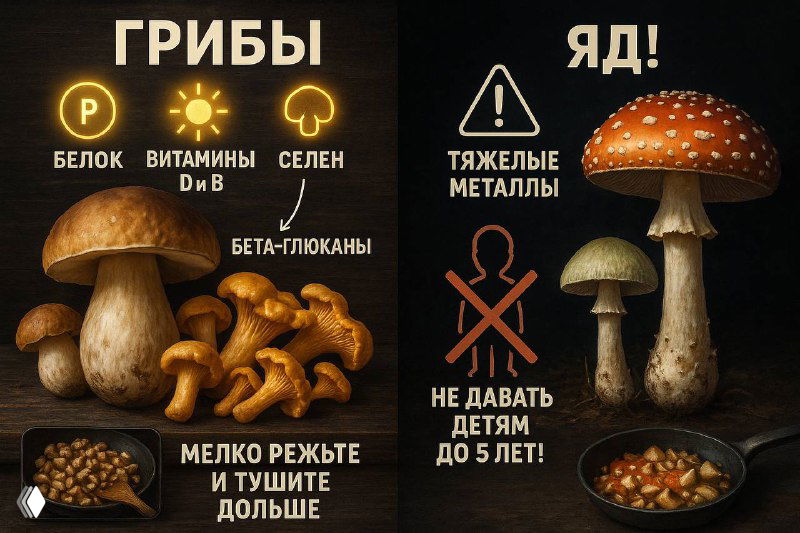 Инфографика с изображением съедобных и ядовитых грибов, иконками пользы (белок, витамины, бета‑глюканы) и предупреждением про тяжёлые металлы и детей.