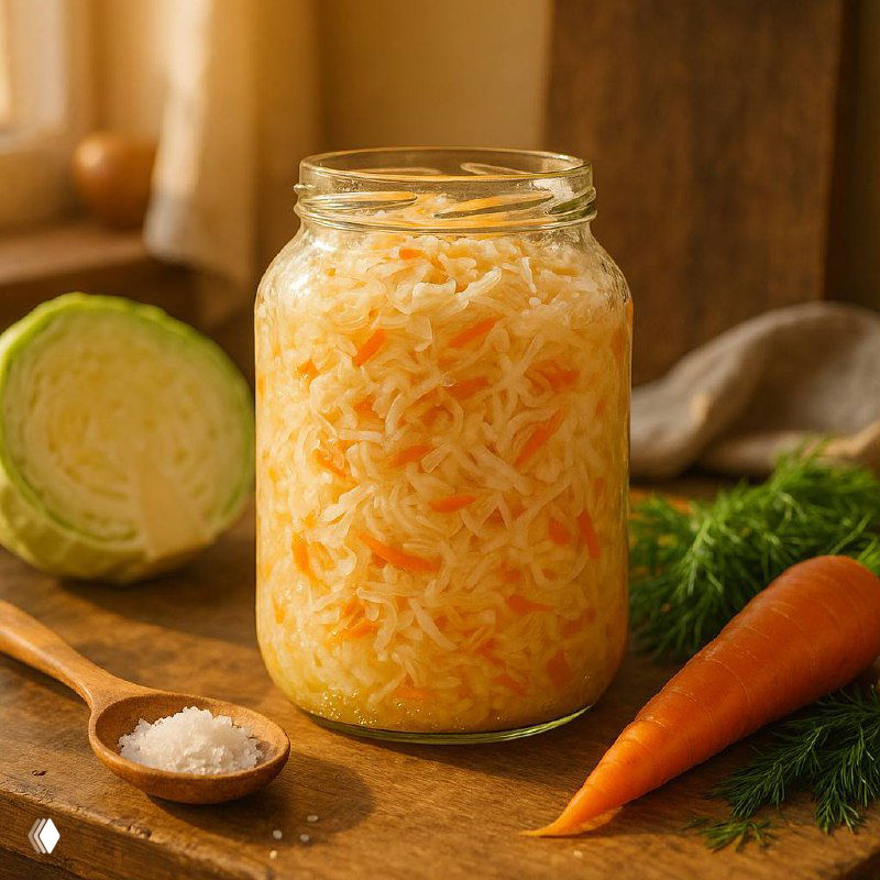 Банка квашеной капусты на деревянном столе, рядом половинка капусты, морковь и ложка соли — иллюстрация темы питания и ферментированных продуктов.
