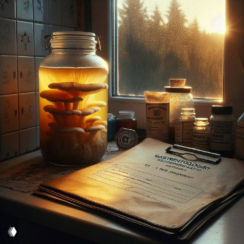 Банка с чайным грибом (комбуча) на кухонном подоконнике при тёплом свете, рядом небольшие баночки и документы — домашняя сцена приготовления напитка.
