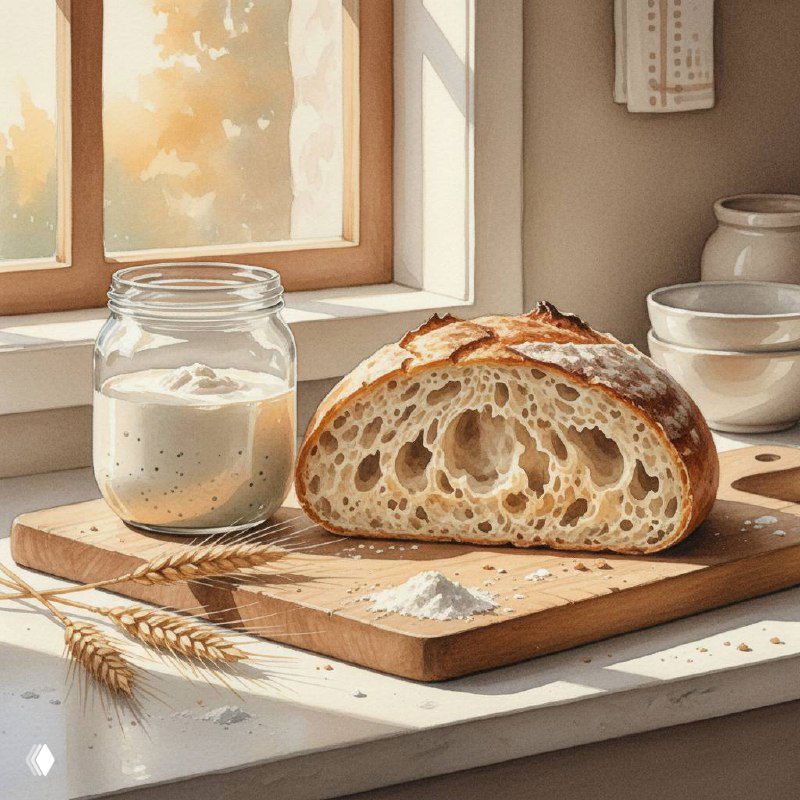 Кусок свежего хлеба на закваске на разделочной доске рядом с банкой закваски на солнечном подоконнике в домашней кухне.