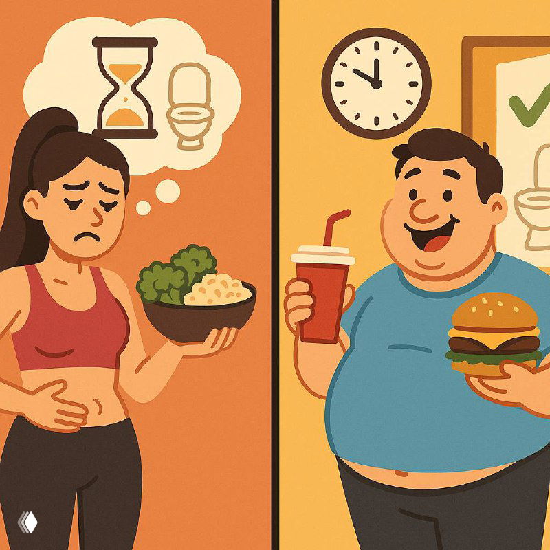 Иллюстрация: женщина с тарелкой брокколи и овсянки слева и мужчина с бургером и колой справа, контраст пищевых привычек и регулярности стула