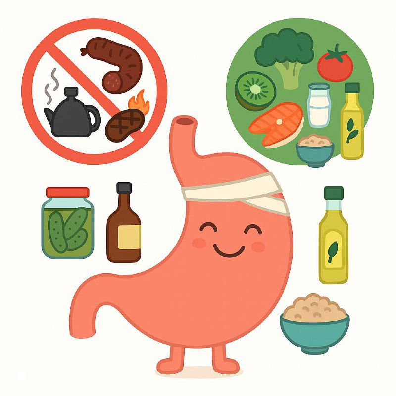 Схематичное изображение улыбающегося желудка в окружении разрешённых (овощи, рыба, масло, йогурт) и запрещённых (копчёности, маринады, огонь) продуктов, иллюстрация к диете при гастрите.