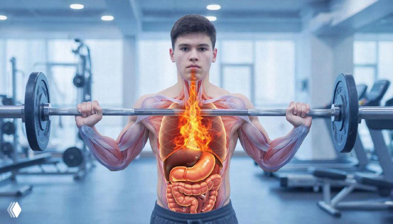 Спортсмен в зале поднимает штангу; на груди и животе наложена графическая визуализация пищевода и желудка для иллюстрации рефлюкса и жжения при нагрузке.