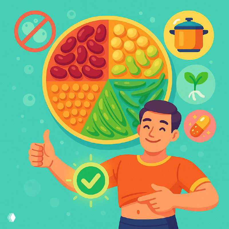 Иллюстрация: разделённая тарелка с порциями бобовых и круп, человек указывает на живот с улыбкой — символика снижения вздутия и советов по приготовлению бобовых.