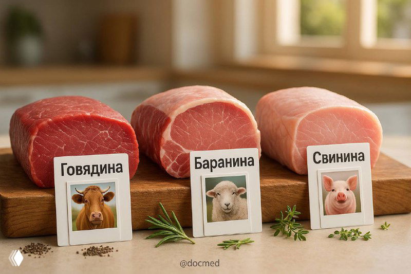 Три куска красного мяса на деревянной доске с табличками: говядина, баранина и свинина — иллюстрация сравнения видов мяса и их характеристик.