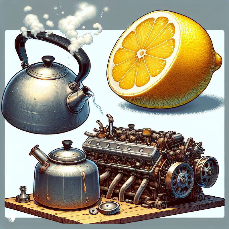 Иллюстрация: разрезанный лимон, два чайника с паром и механический двигатель — метафора мифов о "горячей воде" и запуске пищеварения