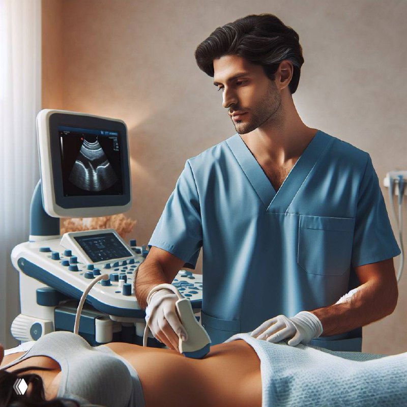 Врач в медицинской форме выполняет абдоминальное УЗИ живота пациенту на кушетке; на экране видна картина органов брюшной полости.