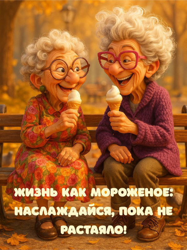 Две пожилые подруги на скамейке улыбаются и едят мороженое в тёплом осеннем свете; дружелюбная нейросеть-иллюстрация.
