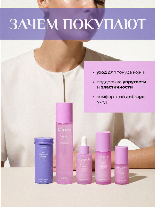 Кадр с частью торса модели и набора SmoRodina, заголовок «ЗАЧЕМ ПОКУПАЮТ» и буллеты преимуществ товара на пастельном фоне.