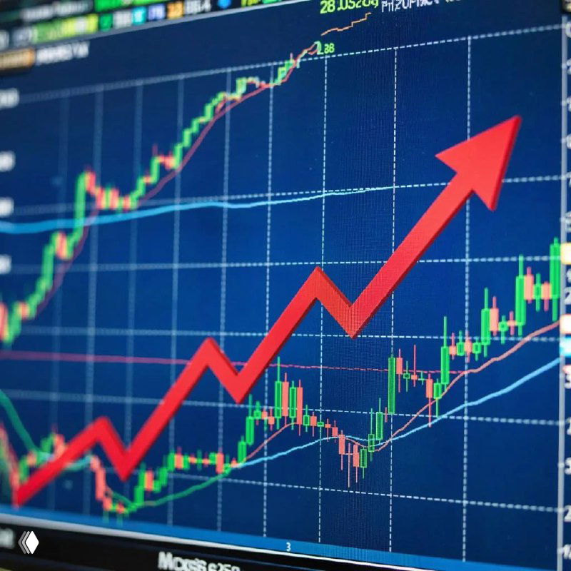 Экран с графиком котировок: свечные диаграммы и яркая красная стрелка вверх, иллюстрирующие динамику фондового рынка.