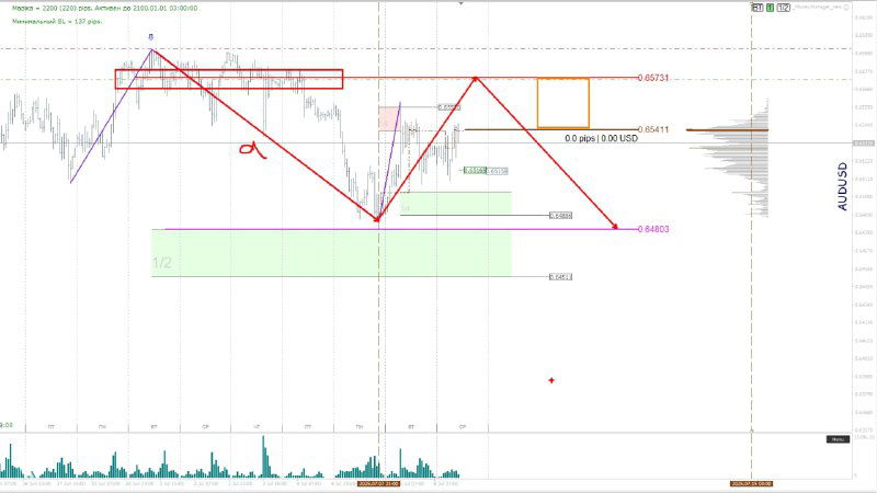 Фрейм-график AUDUSD с техническими разметками: импульсы, уровни 0.65731/0.64803/0.65411, зоны входа и объёмы внизу графика.