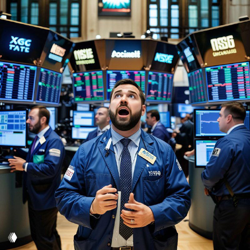 Брокеры на торговом этаже биржи рядом с рядами мониторов с котировками; центральный трейдер с удивлённым выражением лица.