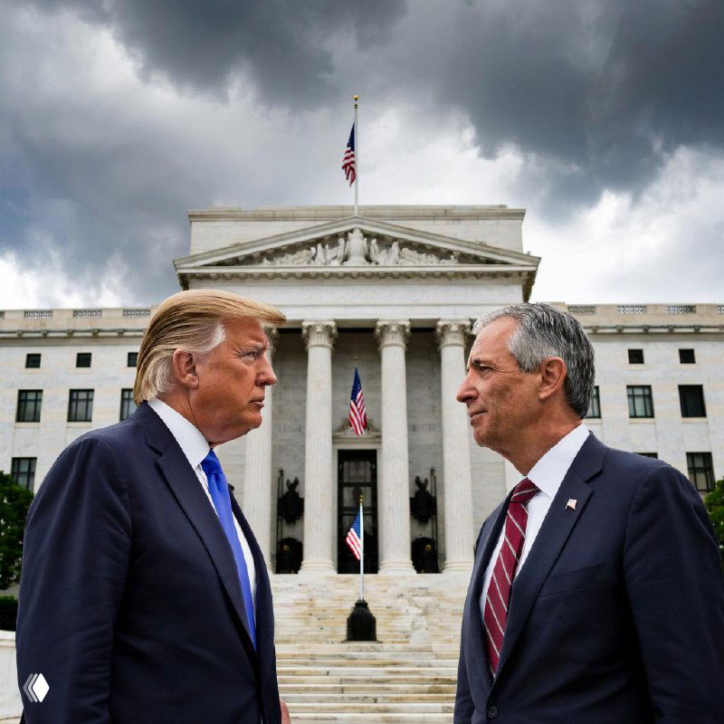 Дональд Трамп и Джером Пауэлл стоят напротив друг друга на ступенях перед зданием в стиле федерального учреждения под мрачным небом — иллюстрация политической новости