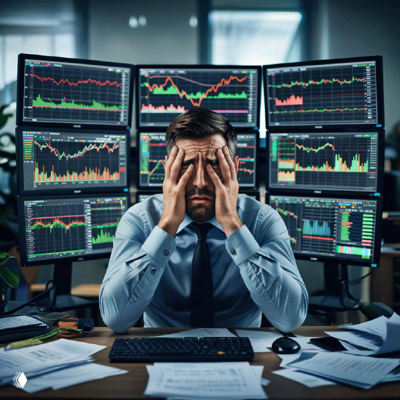 Уставший трейдер перед множеством мониторов с графиками и индикаторами, иллюстрирующий информационную перегрузку при анализе.