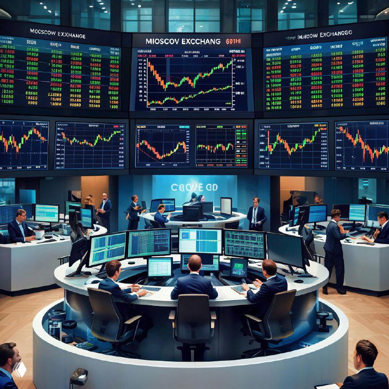 Торговый зал Московской биржи: круглый рабочий стол с трейдерами и стеной мониторов с графиками и котировками, иллюстрация рыночной активности.