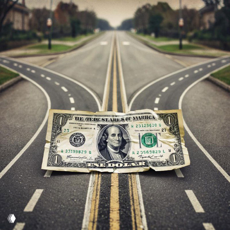 Купюра доллара, лежащая на развилке дороги, символизирующая неопределённость курса валют и решения ФРС в условиях смены монетарной политики.