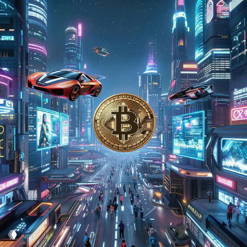 Футуристическая иллюстрация: город будущего с летающими автомобилями и изображением крупной монеты с эмблемой биткоина в центре, символизирующая цифровую экономику.