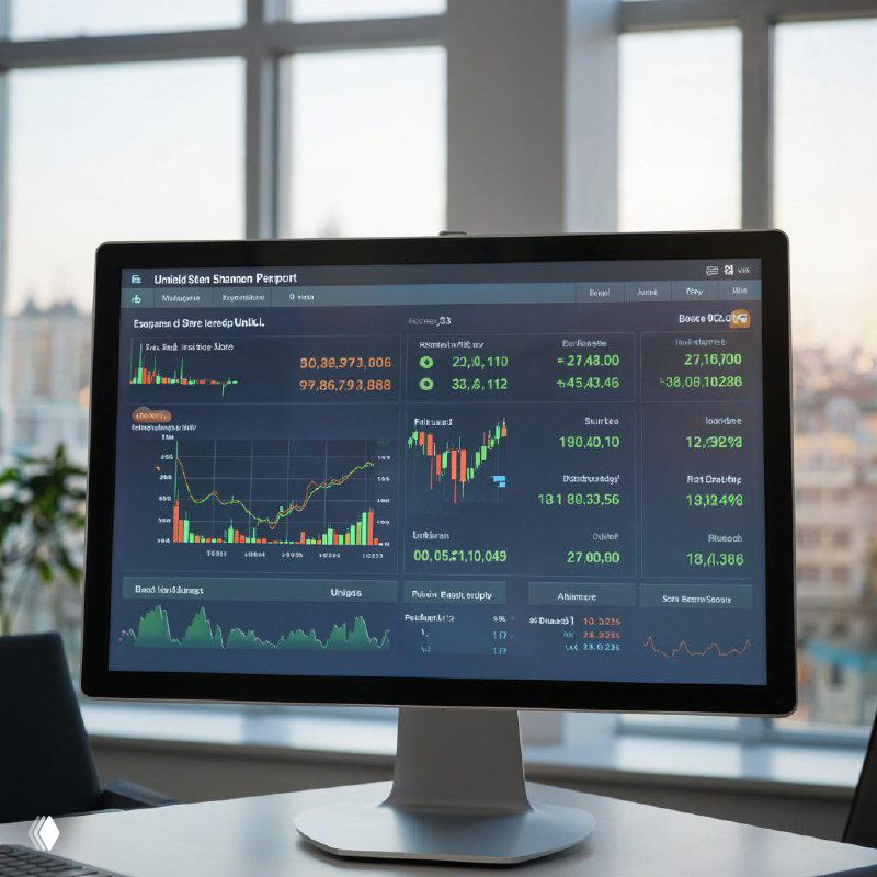 Монитор с торговой панелью: графики цен, индикаторы и показатели рынка на экране, иллюстрация аналитики по доллару и индексу DXY в офисе.