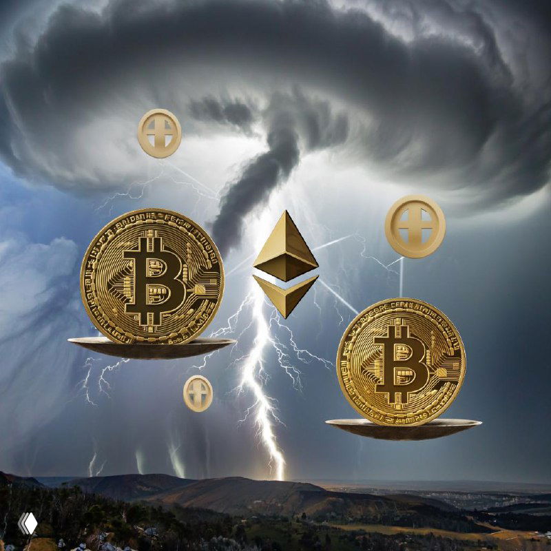 Монеты Bitcoin и Ethereum на весах на фоне грозового неба и молнии, метафора волатильности крипторынка и ETF-трендов.