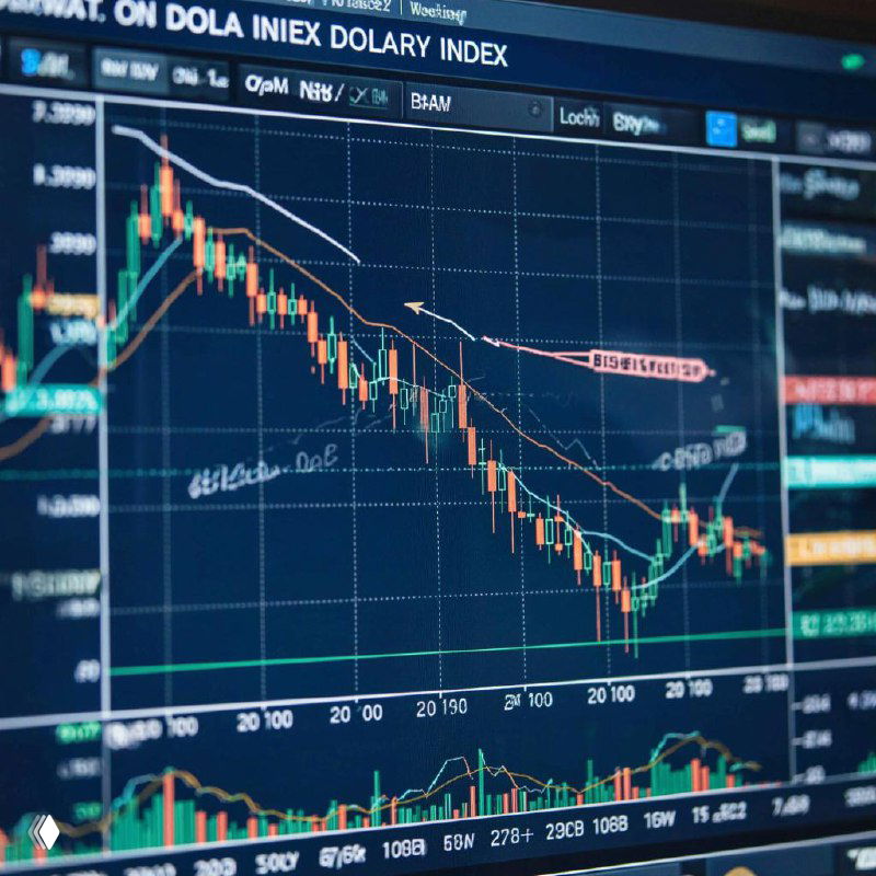 Торговый график с сигналами и падающей кривой, демонстрирующий снижение индекса доллара (DXY) и активность на валютном рынке.