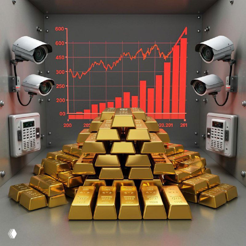 Пирамида золотых слитков в сейфе на фоне красного восходящего графика и камер наблюдения — символ роста цены и риска покупки на пике.