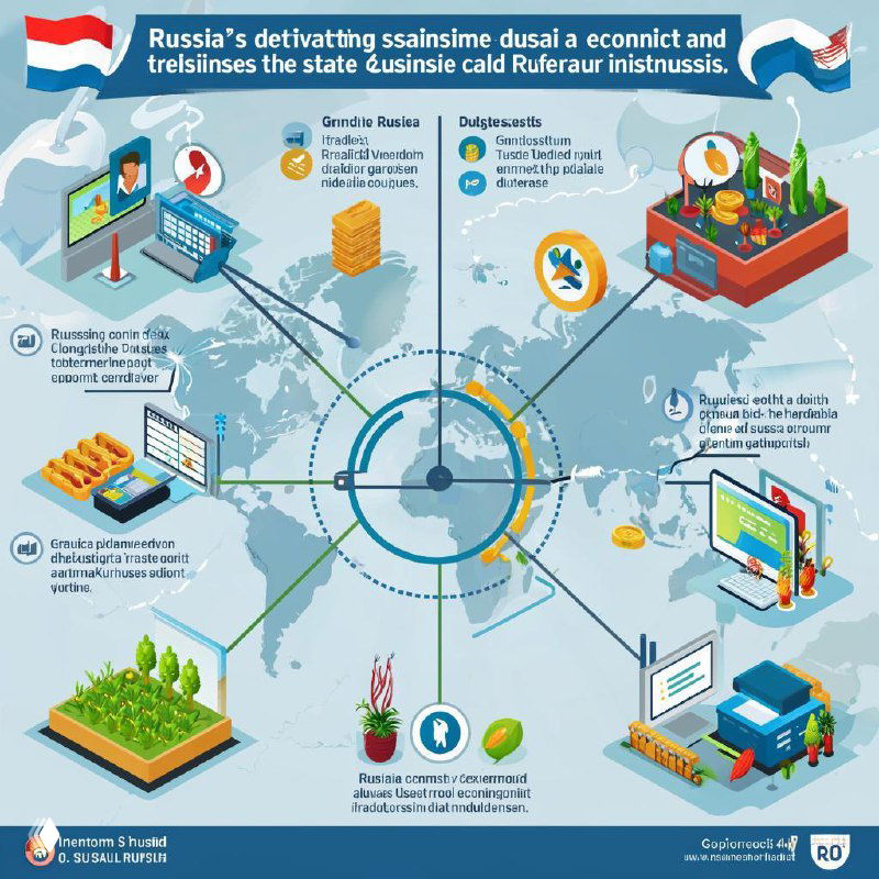 Инфографика: центральная схема с иконками финансов, торговли, агросектора и цифровых сервисов, стрелки и графики.