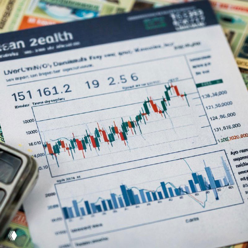 Распечатка с биржевым свечным графиком и столбчатой диаграммой, калькулятор и банкноты на фоне — иллюстрация анализа курса доллара.