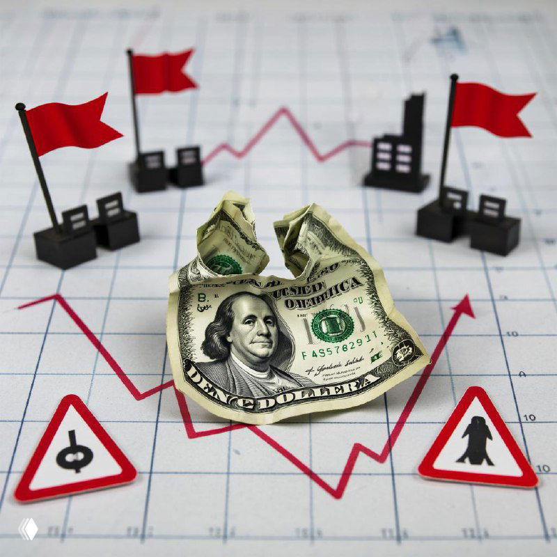 Изображение: мятый доллар на фоне графика с падающей кривой, красные флажки и предупреждающие знаки символизируют риски ослабления валюты и экономические тревоги