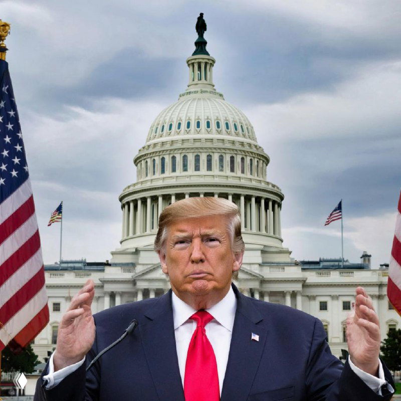 Дональд Трамп на фоне Капитолия США и флагов — политический портрет, иллюстрирующий влияние заявлений на курс доллара.