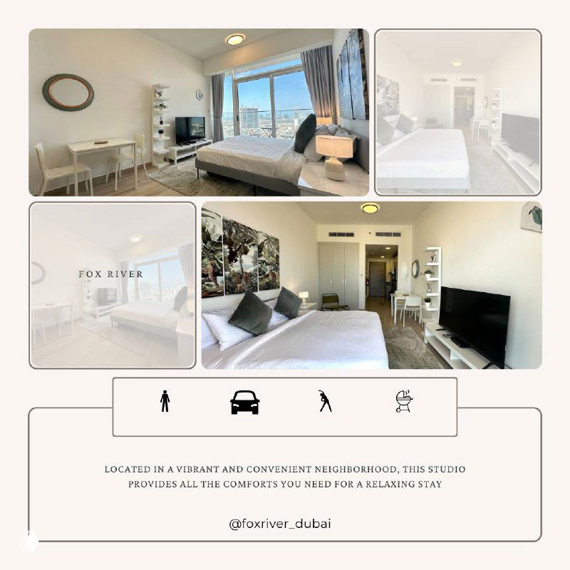 Collage-style image showing the studio layout: sleeping area, seating, TV and balcony doors with city skyline visible in the distance.