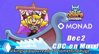 Рекламный баннер Call of Odin’s: мультяшный викинг в лодке, логотипы Call of Odin’s и Monad, надписи Dec2 и COC — анонс запуска токена.