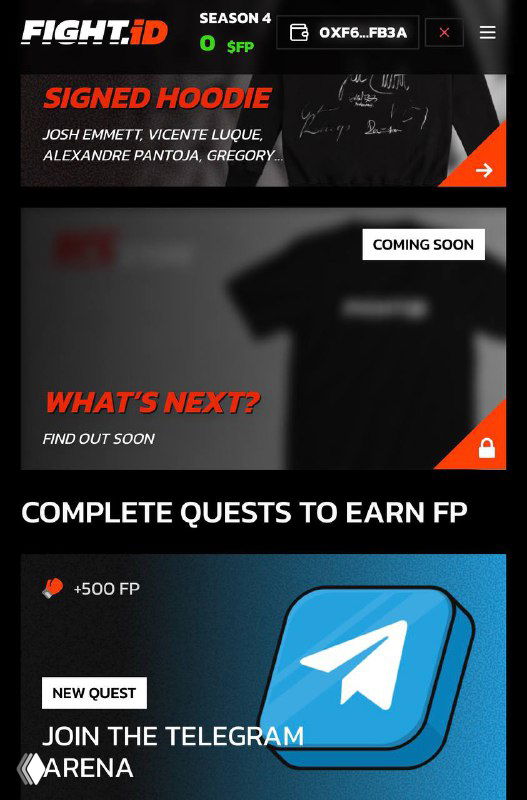 Скриншот интерфейса Fight ID: страница с баннером «Complete quests to earn FP», иконкой Telegram и упоминанием 500 FP за регистрацию