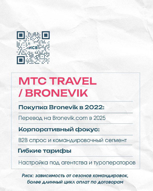 Карточка MTC TRAVEL / BRONEVIK с информацией о покупке Bronevik, корпоративном фокусе, гибких тарифах и рисках сезонности в сегменте B2B.