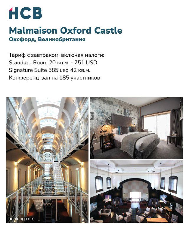 Слайд с описанием и фотографиями отеля, расположенного в историческом здании тюрьмы, иллюстрация комбинации исторического фонда и современной гостиничной инфраструктуры.