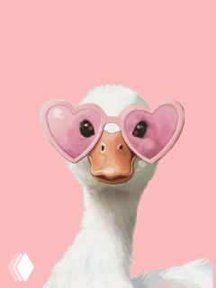 Иллюстрация белой птицы в розовых очках‑сердцах на розовом фоне — декоративное изображение для поста о микробиоме кожи.