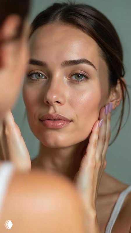 Крупный портрет молодой женщины у зеркала с чистой ухоженной кожей и лёгким макияжем, демонстрация эффекта ухода за лицом.