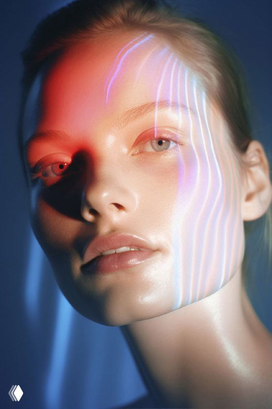 Портрет молодой женщины в студийном свете с неоновыми линиями на щеке; иллюстрация взаимодействия кожи и нервной системы в контексте нейрокосметики.