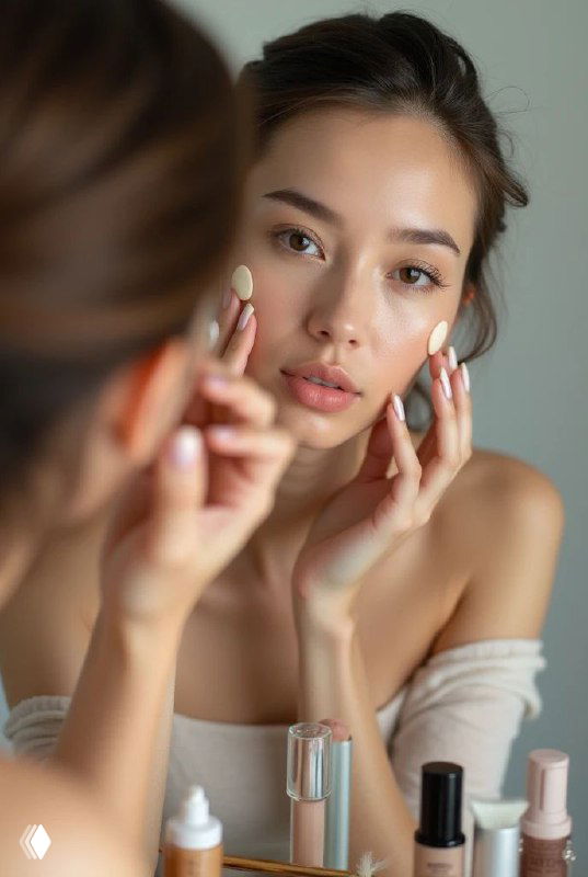 Женщина перед зеркалом наносит уходовое средство на лицо; на столике видны флаконы с сыворотками и кремами для кожи.